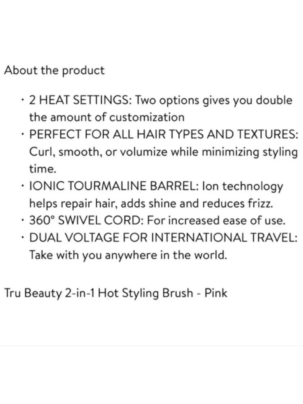 Tru Beauty Hot Styling Brush 2 in 1 Blow Dry Curl Smooth Pink Black